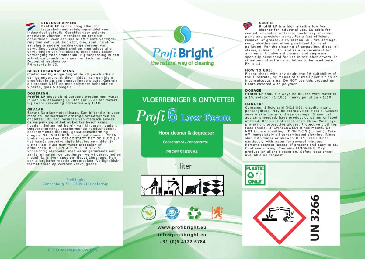 Vloerreinger Profi6 LF Low Foam van ProfiBright, the Natural Way of Cleaning